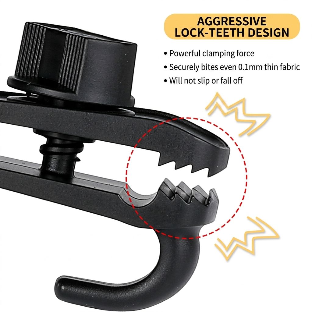 Heavy-Duty Locking Tent Peg Clamp with Rotating Lock, Multi-Purpose Windproof Canopy Fastener for Camping, Tarps, and Food Bag Sealing, with Hook and Hang Hole for Gear Organization (8PCS)