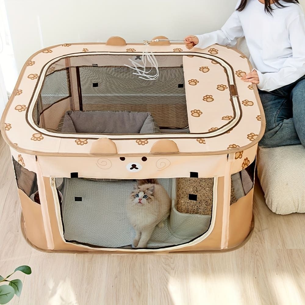 Foldable Pet Playpen with Zippered Top, Portable Cat Whelping Box & Puppy Kennel for Indoor/Outdoor Use, Easy Assembly, Multi-Functional Tent for Small Pets (Brown-2XL)