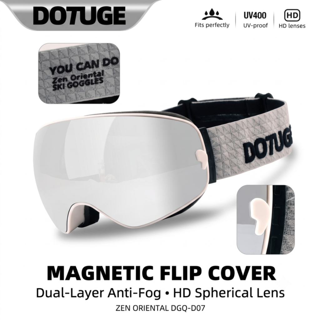 DOTUGE DGQ-D07 Magnetic Flip Ski Goggles with REVO Coated Dual-Layer Anti-Fog Spherical Lens, UV400 Protection, OTG Design, and Wide Field of View for Snow Sports (A)
