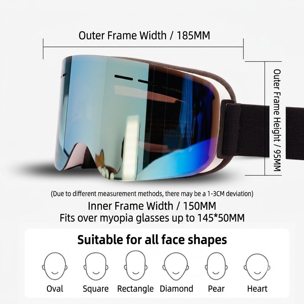 DOTUGE DGZ-Z12 Ski Goggles with REVO Coating, Anti-Fog, HD Dual-Layer PC Lens, TPU Frame, Impact-Resistant Sponge, Adjustable Strap, Large Field Cylindrical Design, Compatible with Prescription Glasses, Ideal for Snow Sports, Skiing, Snowboarding, and Mou