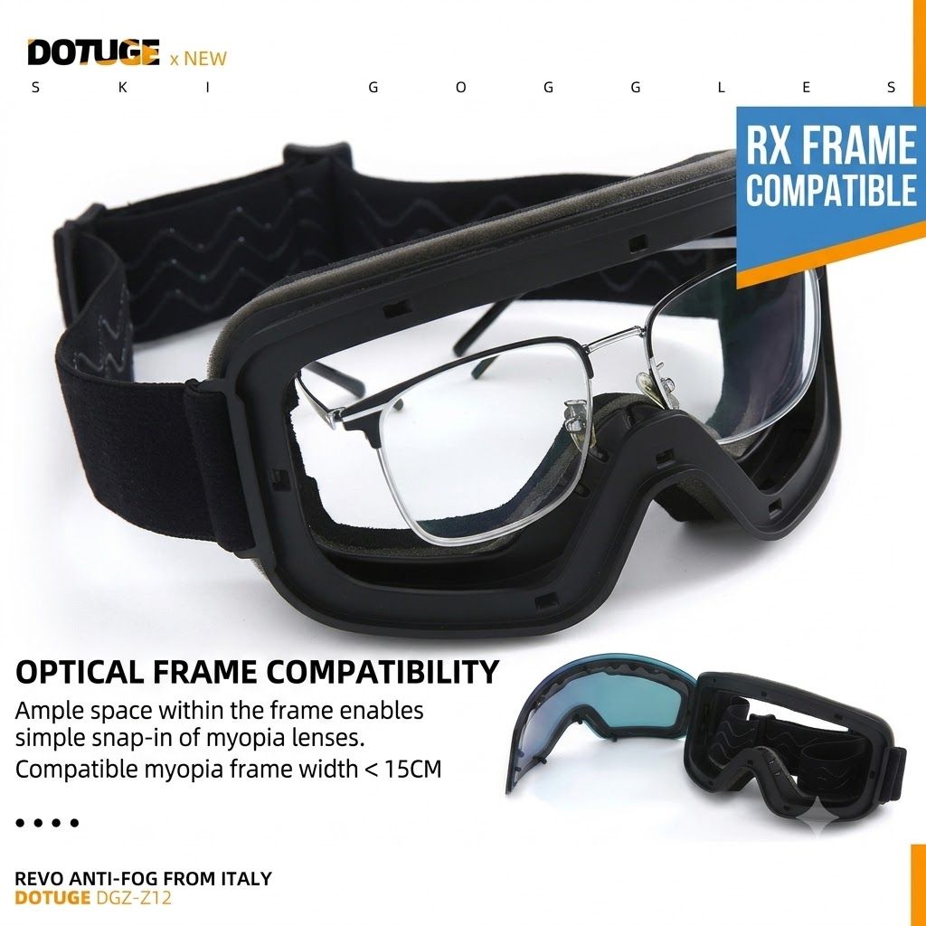 DOTUGE DGZ-Z12 Ski Goggles with REVO Coating, Anti-Fog, HD Dual-Layer PC Lens, TPU Frame, Impact-Resistant Sponge, Adjustable Strap, Large Field Cylindrical Design, Compatible with Prescription Glasses, Ideal for Snow Sports, Skiing, Snowboarding, and Mou