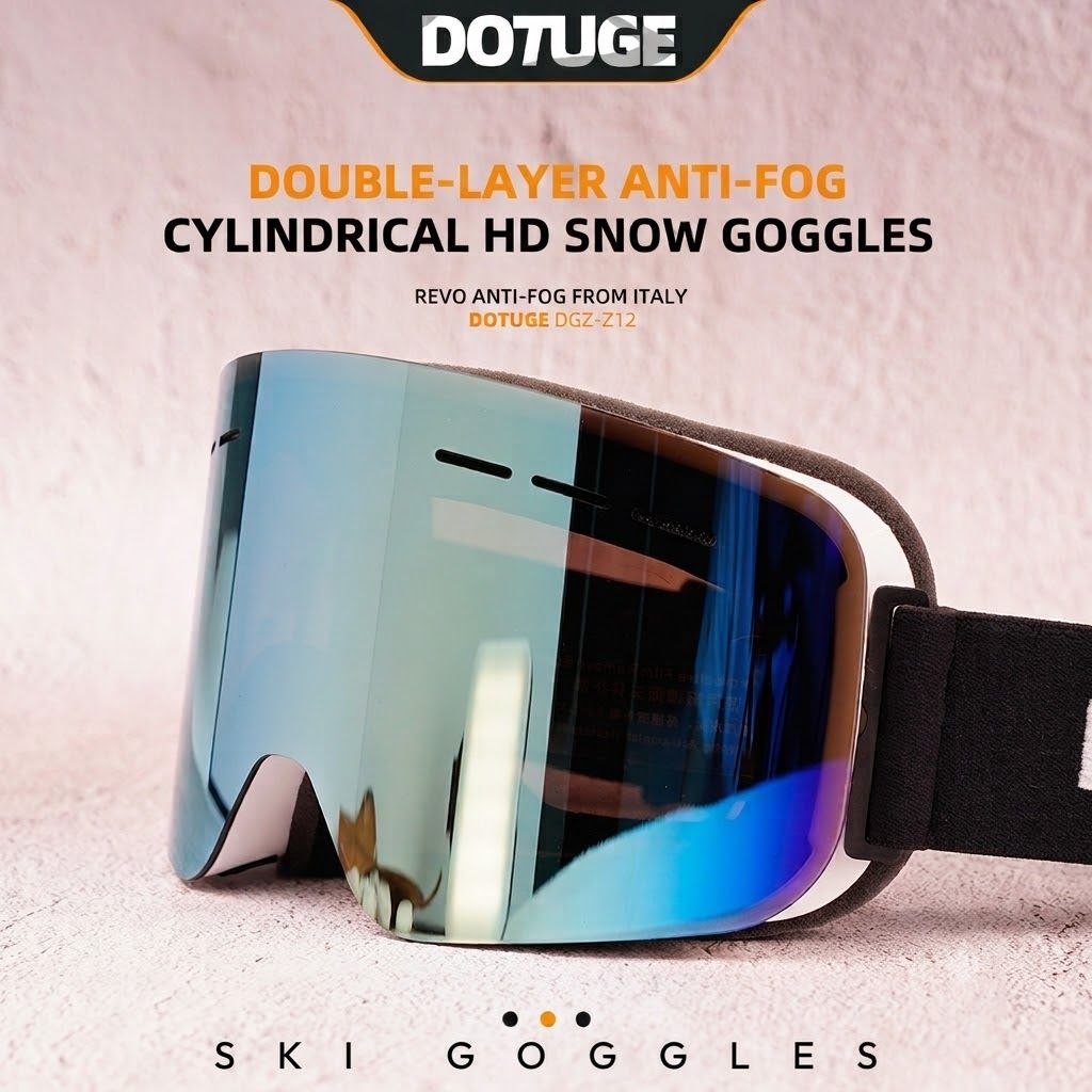 DOTUGE DGZ-Z12 Ski Goggles with REVO Coating, Anti-Fog, HD Dual-Layer PC Lens, TPU Frame, Impact-Resistant Sponge, Adjustable Strap, Large Field Cylindrical Design, Compatible with Prescription Glasses, Ideal for Snow Sports, Skiing, Snowboarding, and Mou