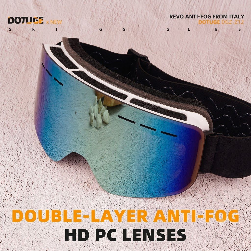 DOTUGE DGZ-Z12 Ski Goggles with REVO Coating, Anti-Fog, HD Dual-Layer PC Lens, TPU Frame, Impact-Resistant Sponge, Adjustable Strap, Large Field Cylindrical Design, Compatible with Prescription Glasses, Ideal for Snow Sports, Skiing, Snowboarding, and Mou