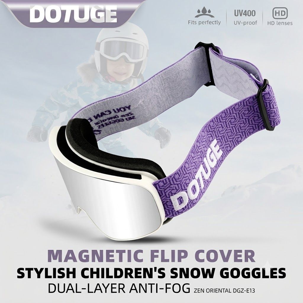 DOTUGE Kids Snow Goggles with Magnetic Flip Design, Anti-Fog HD Lens & UV400 Protection, Compatible with Prescription Glasses, Ideal for Skiing, Snowboarding, and Winter Outdoor Adventures (E)