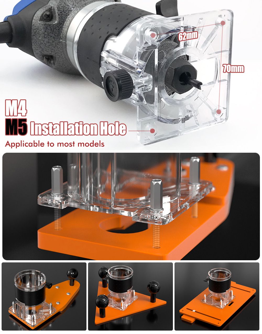 Transparent Router Base Protective Cover with Adjustable Knobs and Dust Port for Woodworking Trimming and Slotting, Compatible with Multiple Router Models, Clear PP Tool Accessory (Rubber-Coated, M5)