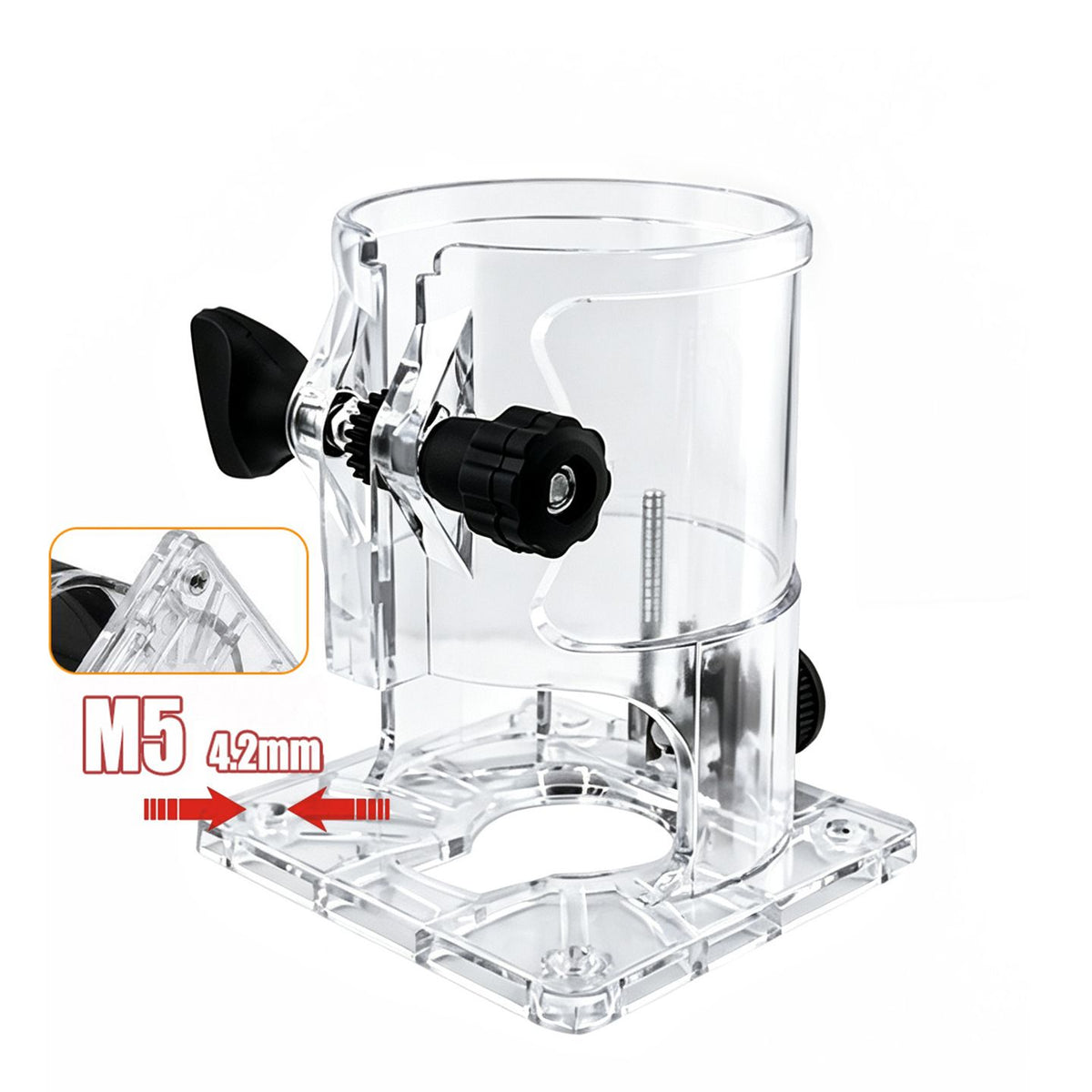Transparent Router Base Protective Cover with Adjustable Knobs and Dust Port for Woodworking Trimming and Slotting, Compatible with Multiple Router Models, Clear PP Tool Accessory (Rubber-Coated, M5)