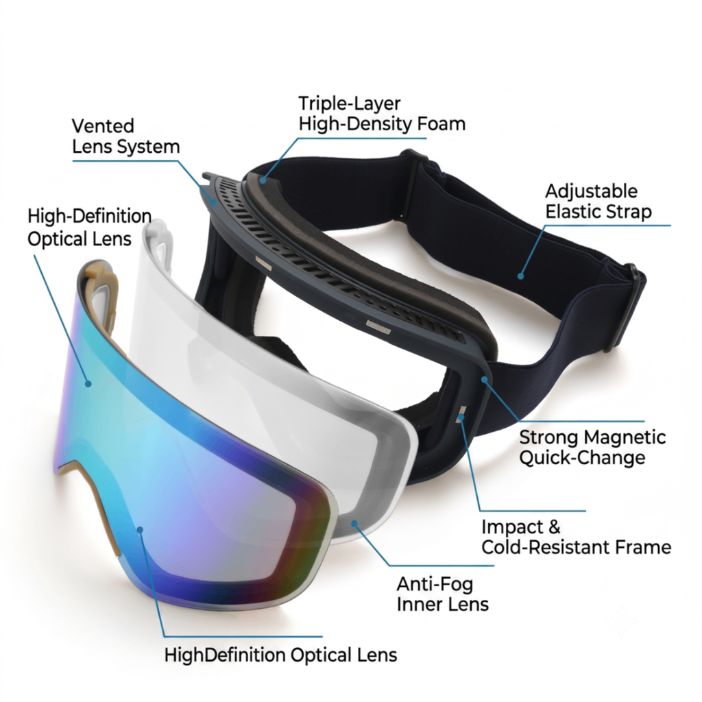 New Magnetic Ski Goggles with Cylindrical Lens, Anti-Fog Snow Glasses for Outdoor Skiing, Snowboarding, and Mountaineering – Universal Fit for Men, Women, and Youth (Blush)