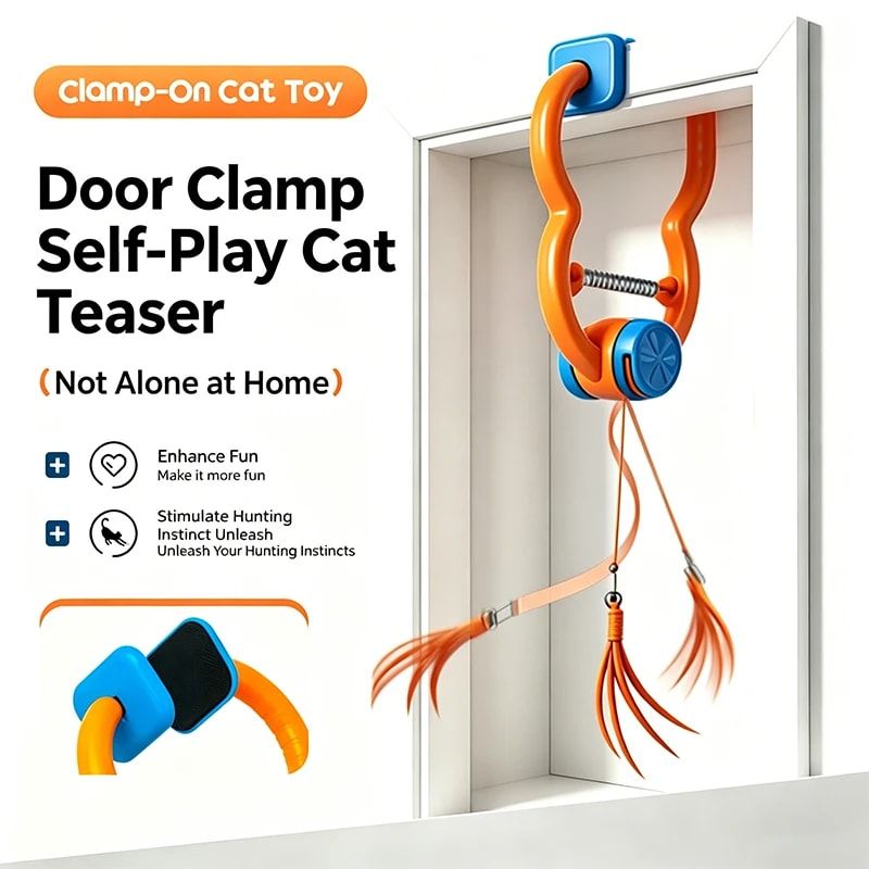 Interactive Door Clip Cat Toy with Bouncy Spring and Replaceable Teaser Tail – Self-Play Entertainer for Solo Cats, Mounts on Doorframes, Tables, or Cat Trees to Spark Hunting Instincts and Burn Off Excess Energy (Orange)
