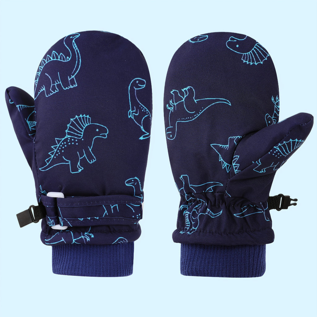 Kids' Dinosaur Patterned Warm Ski Mittens with Waterproof Shell, Adjustable Wrist Straps, and Anti-Loss Clip for Winter Outdoor Play, Snow, and Cold Weather Adventures (L, Grey)