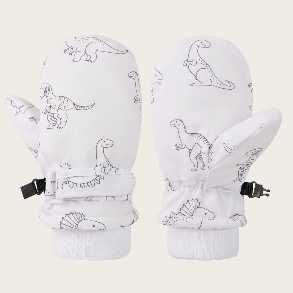 Kids' Dinosaur Patterned Warm Ski Mittens with Waterproof Shell, Adjustable Wrist Straps, and Anti-Loss Clip for Winter Outdoor Play, Snow, and Cold Weather Adventures (L, Grey)
