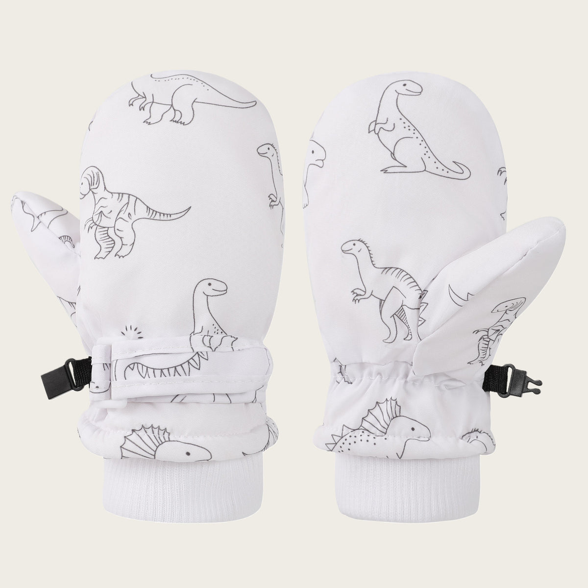 Kids' Dinosaur Patterned Warm Ski Mittens with Waterproof Shell, Adjustable Wrist Straps, and Anti-Loss Clip for Winter Outdoor Play, Snow, and Cold Weather Adventures (L, Grey)