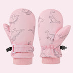 Kids' Dinosaur Patterned Warm Ski Mittens with Waterproof Shell, Adjustable Wrist Straps, and Anti-Loss Clip for Winter Outdoor Play, Snow, and Cold Weather Adventures (L, Pink)