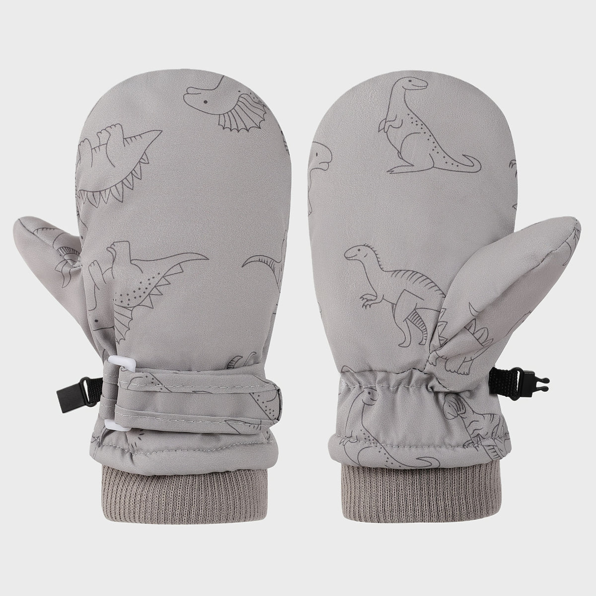 Kids' Dinosaur Patterned Warm Ski Mittens with Waterproof Shell, Adjustable Wrist Straps, and Anti-Loss Clip for Winter Outdoor Play, Snow, and Cold Weather Adventures (L, White)