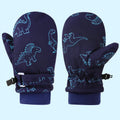 Kids' Dinosaur Patterned Warm Ski Mittens with Waterproof Shell, Adjustable Wrist Straps, and Anti-Loss Clip for Winter Outdoor Play, Snow, and Cold Weather Adventures (M, Navy)