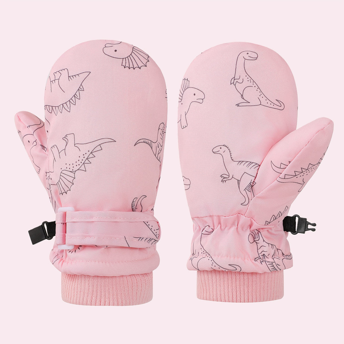Kids' Dinosaur Patterned Warm Ski Mittens with Waterproof Shell, Adjustable Wrist Straps, and Anti-Loss Clip for Winter Outdoor Play, Snow, and Cold Weather Adventures (M, Pink)