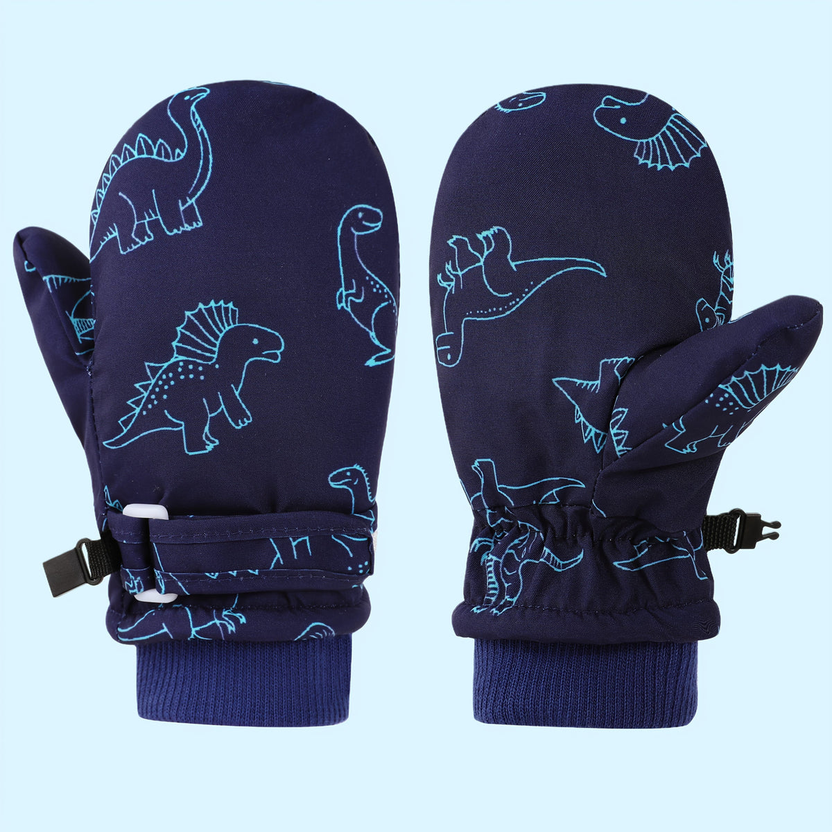 Kids' Dinosaur Patterned Warm Ski Mittens with Waterproof Shell, Adjustable Wrist Straps, and Anti-Loss Clip for Winter Outdoor Play, Snow, and Cold Weather Adventures (M, Pink)