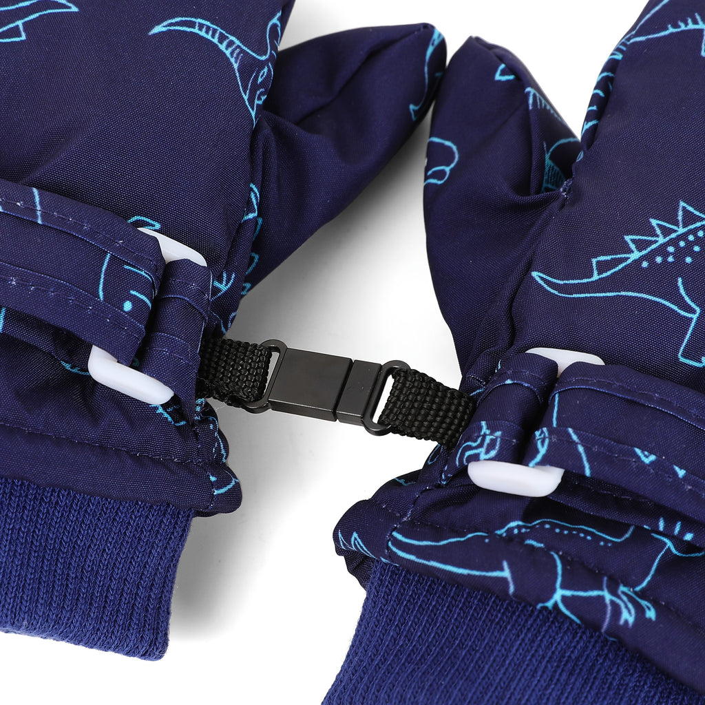 Kids' Dinosaur Patterned Warm Ski Mittens with Waterproof Shell, Adjustable Wrist Straps, and Anti-Loss Clip for Winter Outdoor Play, Snow, and Cold Weather Adventures (M, White)