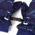 Kids' Dinosaur Patterned Warm Ski Mittens with Waterproof Shell, Adjustable Wrist Straps, and Anti-Loss Clip for Winter Outdoor Play, Snow, and Cold Weather Adventures (M, White)