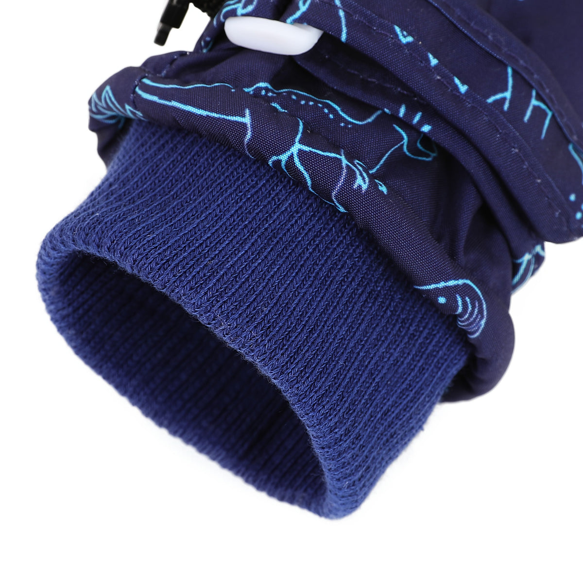 Kids' Dinosaur Patterned Warm Ski Mittens with Waterproof Shell, Adjustable Wrist Straps, and Anti-Loss Clip for Winter Outdoor Play, Snow, and Cold Weather Adventures (S, Navy)