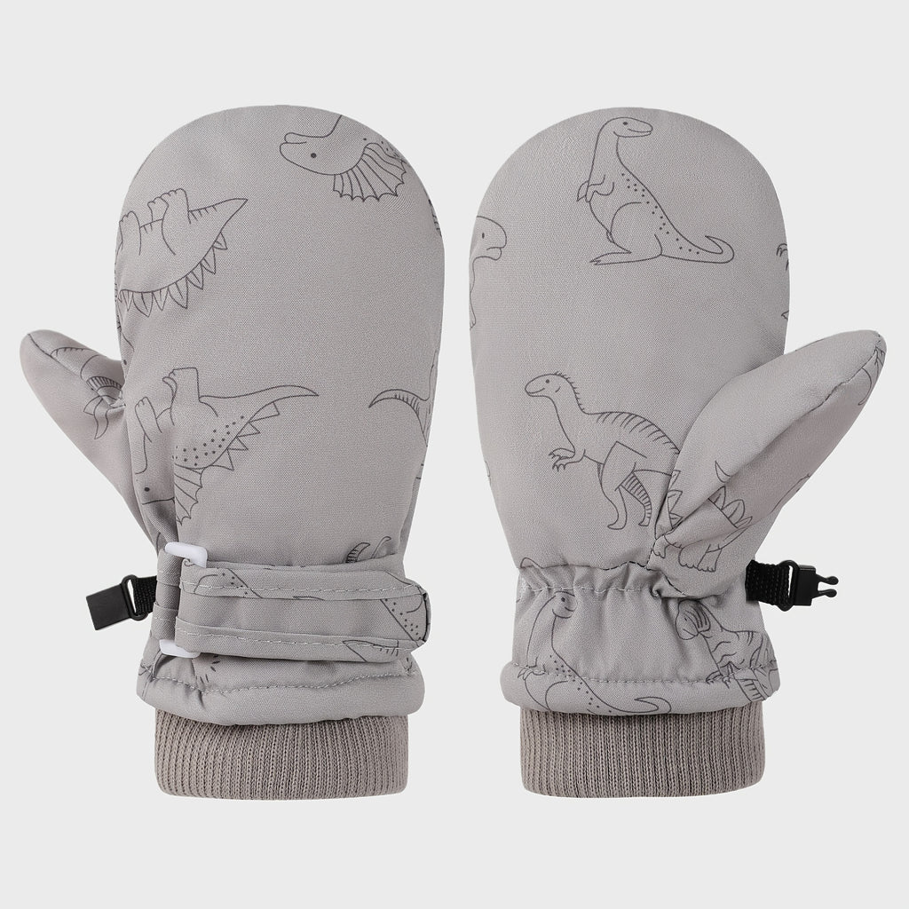 Kids' Dinosaur Patterned Warm Ski Mittens with Waterproof Shell, Adjustable Wrist Straps, and Anti-Loss Clip for Winter Outdoor Play, Snow, and Cold Weather Adventures (S, Navy)
