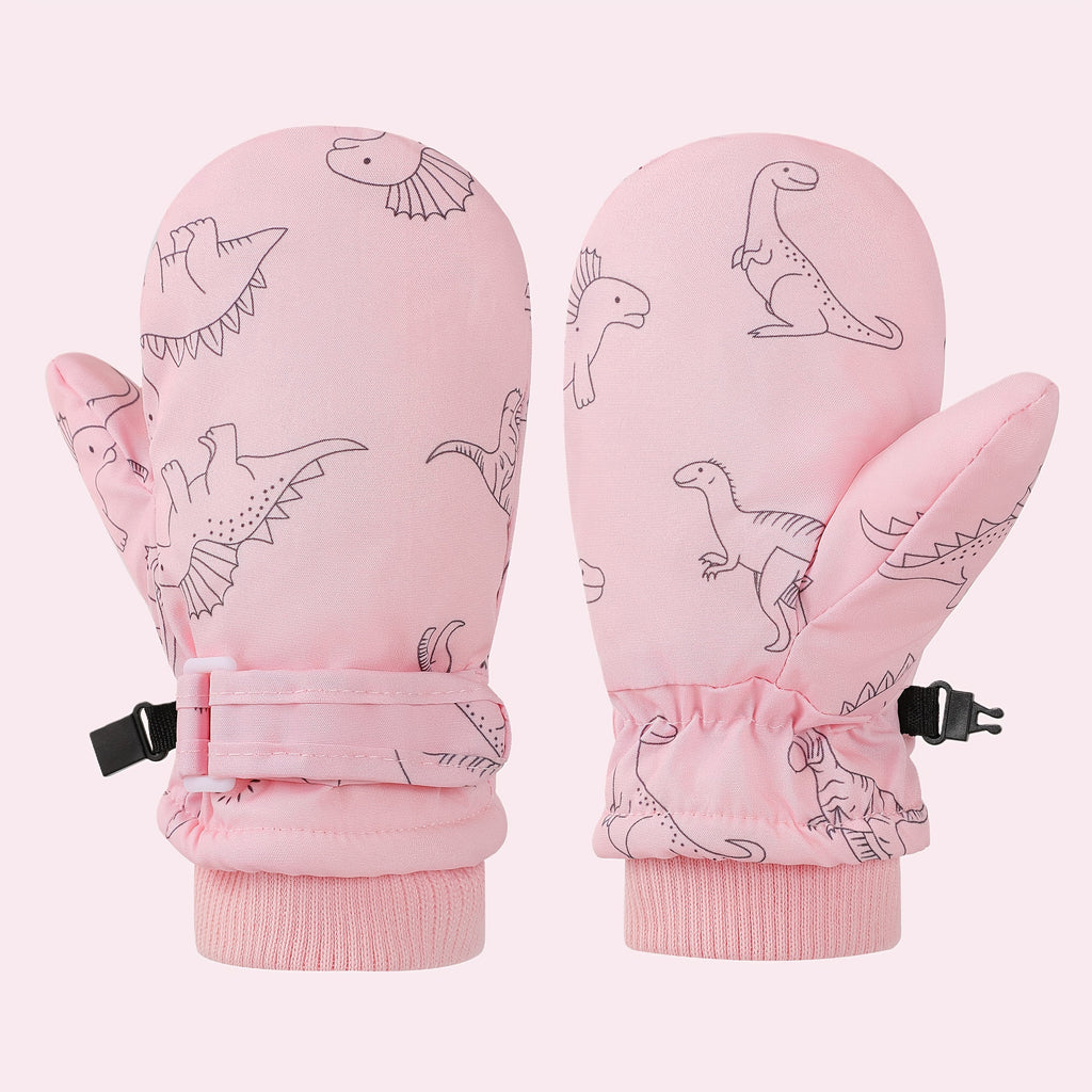 Kids' Dinosaur Patterned Warm Ski Mittens with Waterproof Shell, Adjustable Wrist Straps, and Anti-Loss Clip for Winter Outdoor Play, Snow, and Cold Weather Adventures (S, Pink)
