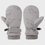 Kids' Dinosaur Patterned Warm Ski Mittens with Waterproof Shell, Adjustable Wrist Straps, and Anti-Loss Clip for Winter Outdoor Play, Snow, and Cold Weather Adventures (S, White)