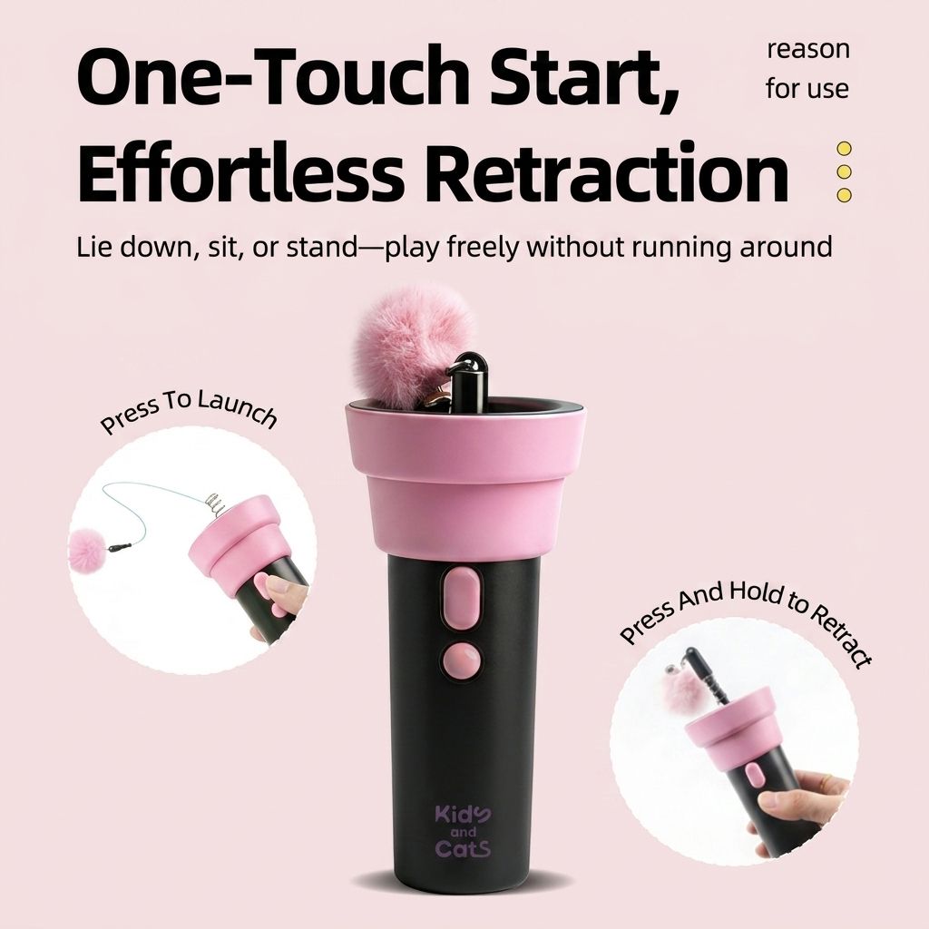 Interactive Electric Cat Fishing Toy with Retractable Feather Wand, Auto-Play Mode for Indoor Exercise, Handheld or Hands-Free Fun to Spark Your Cat’s Hunting Instinct, Lightweight and Durable, 3 Vibrant Color Options (Cotton Pink)