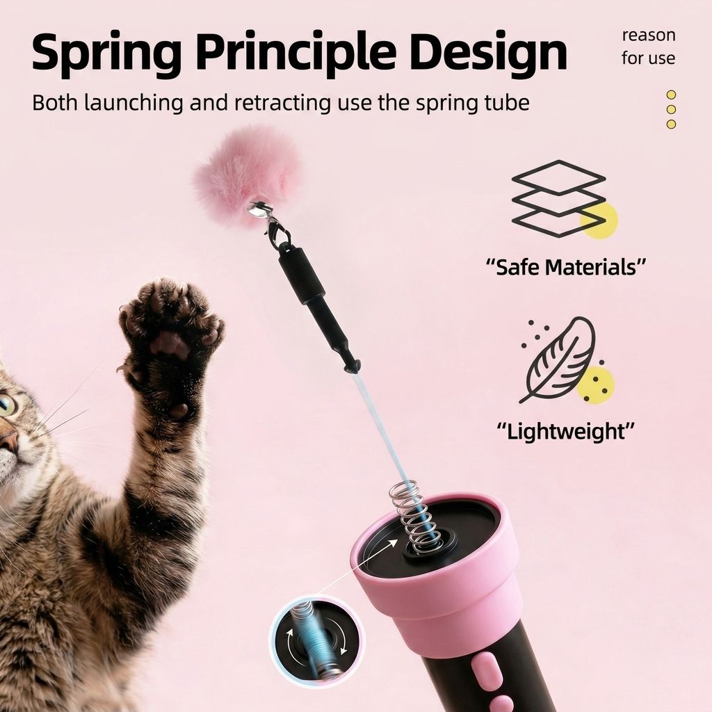 Interactive Electric Cat Fishing Toy with Retractable Feather Wand, Auto-Play Mode for Indoor Exercise, Handheld or Hands-Free Fun to Spark Your Cat’s Hunting Instinct, Lightweight and Durable, 3 Vibrant Color Options (Cotton Pink)