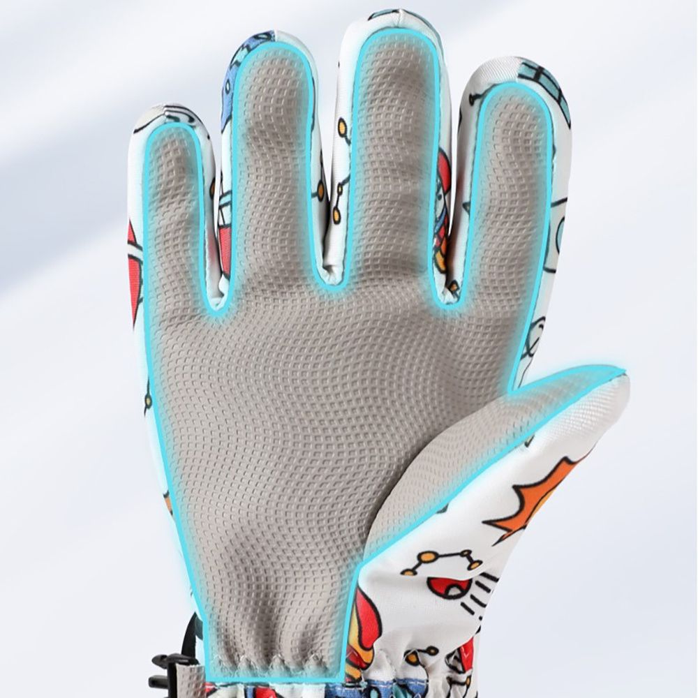 Waterproof Winter Snow Gloves for Kids with Touchscreen, Cartoon Print Design, Warm Fleece Lining, Adjustable Wrist Strap, Ideal for Skiing, Snowman Building, and Outdoor Play (S, Navy)