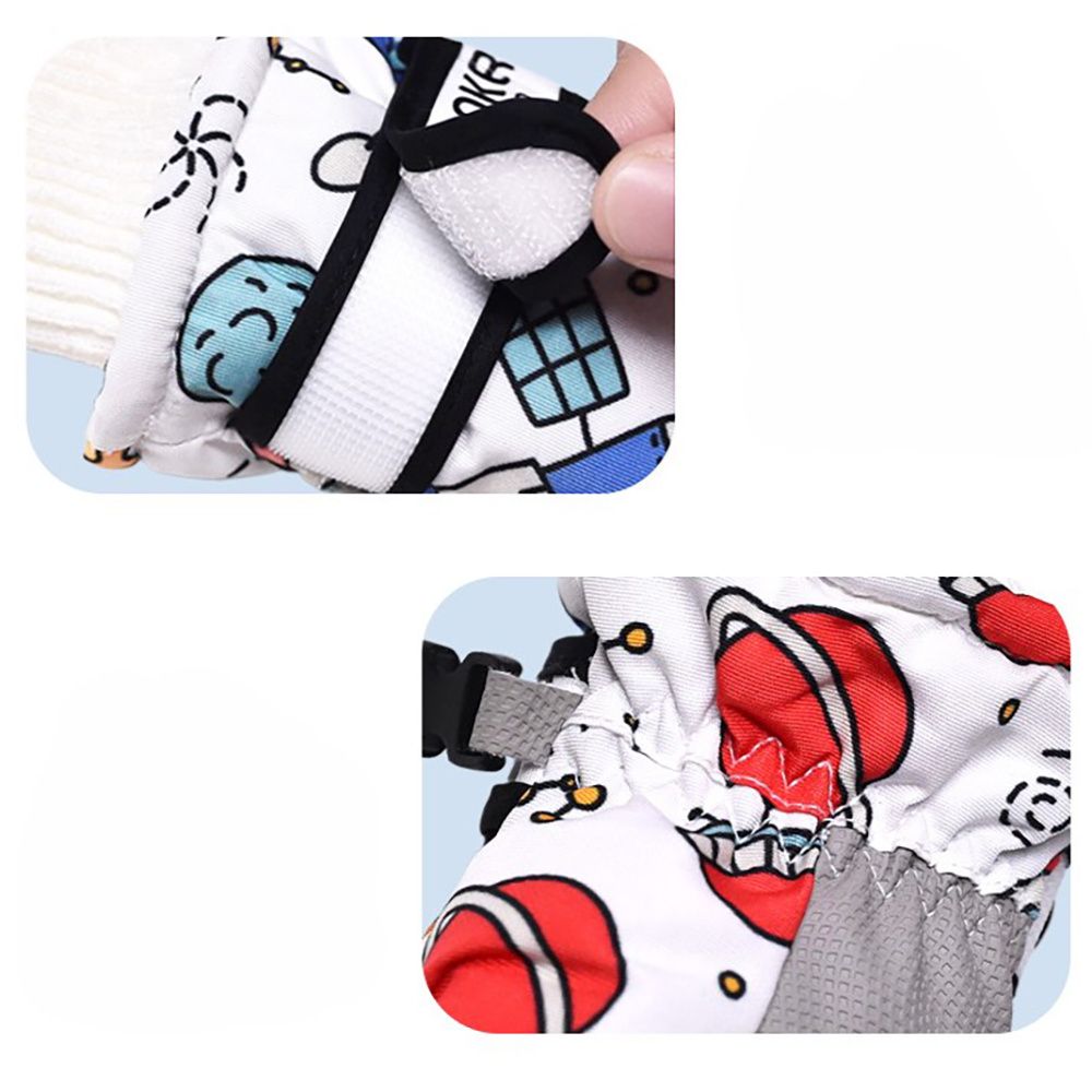 Waterproof Winter Snow Gloves for Kids with Touchscreen, Cartoon Print Design, Warm Fleece Lining, Adjustable Wrist Strap, Ideal for Skiing, Snowman Building, and Outdoor Play (S, Navy)