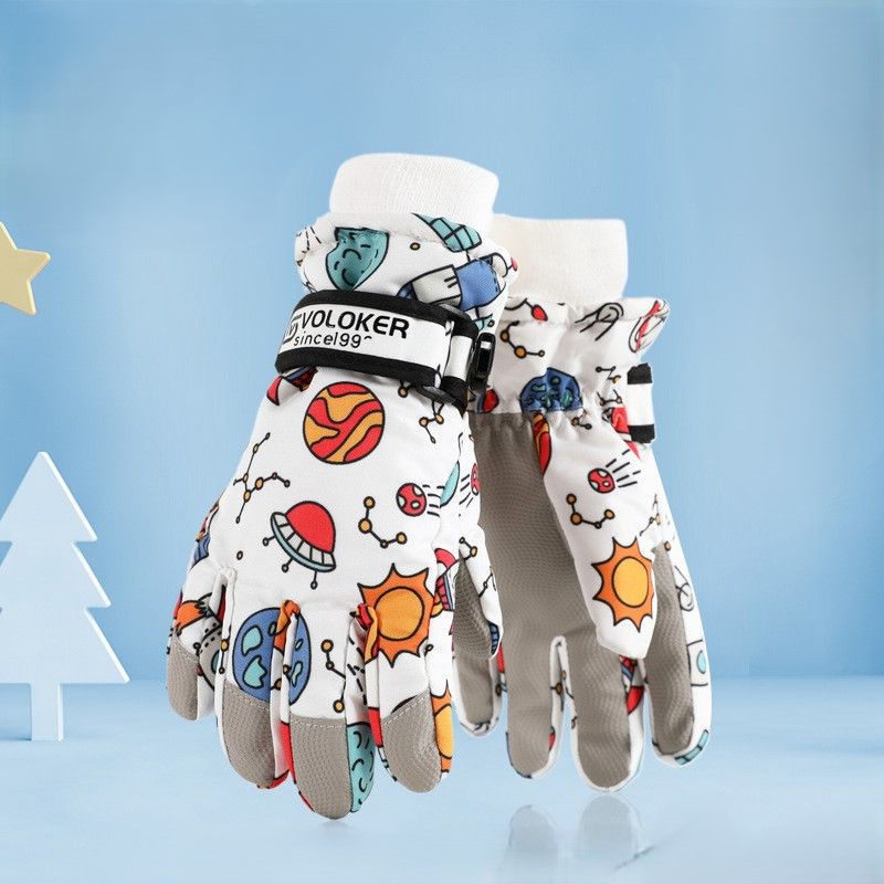 Waterproof Winter Snow Gloves for Kids with Touchscreen, Cartoon Print Design, Warm Fleece Lining, Adjustable Wrist Strap, Ideal for Skiing, Snowman Building, and Outdoor Play (S, Navy)