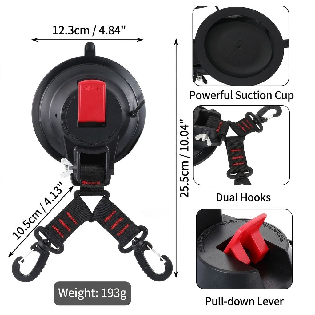 Heavy-Duty Suction Cup Anchor with Dual Hooks for Car, Camping, and Home Use – Secure Tent, Tarp, and Gear on Smooth Surfaces with Reusable Vacuum Mount, 2-Pack (2PCS)
