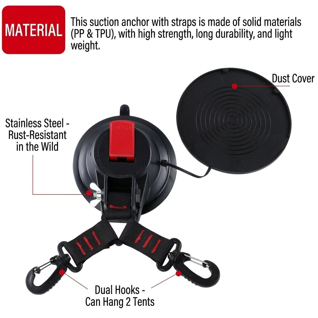 Heavy-Duty Suction Cup Anchor with Dual Hooks for Car, Camping, and Home Use – Secure Tent, Tarp, and Gear on Smooth Surfaces with Reusable Vacuum Mount, 2-Pack (2PCS)