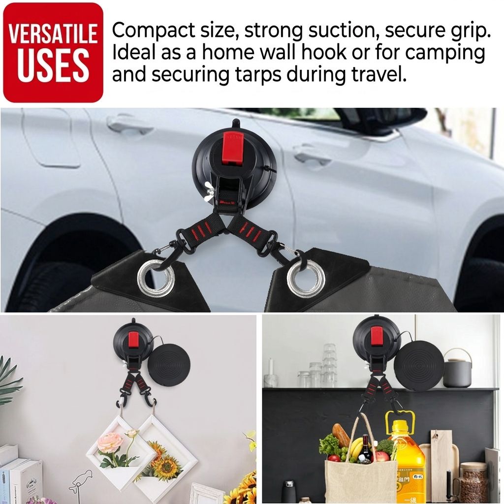 Heavy-Duty Suction Cup Anchor with Dual Hooks for Car, Camping, and Home Use – Secure Tent, Tarp, and Gear on Smooth Surfaces with Reusable Vacuum Mount, 2-Pack (2PCS)