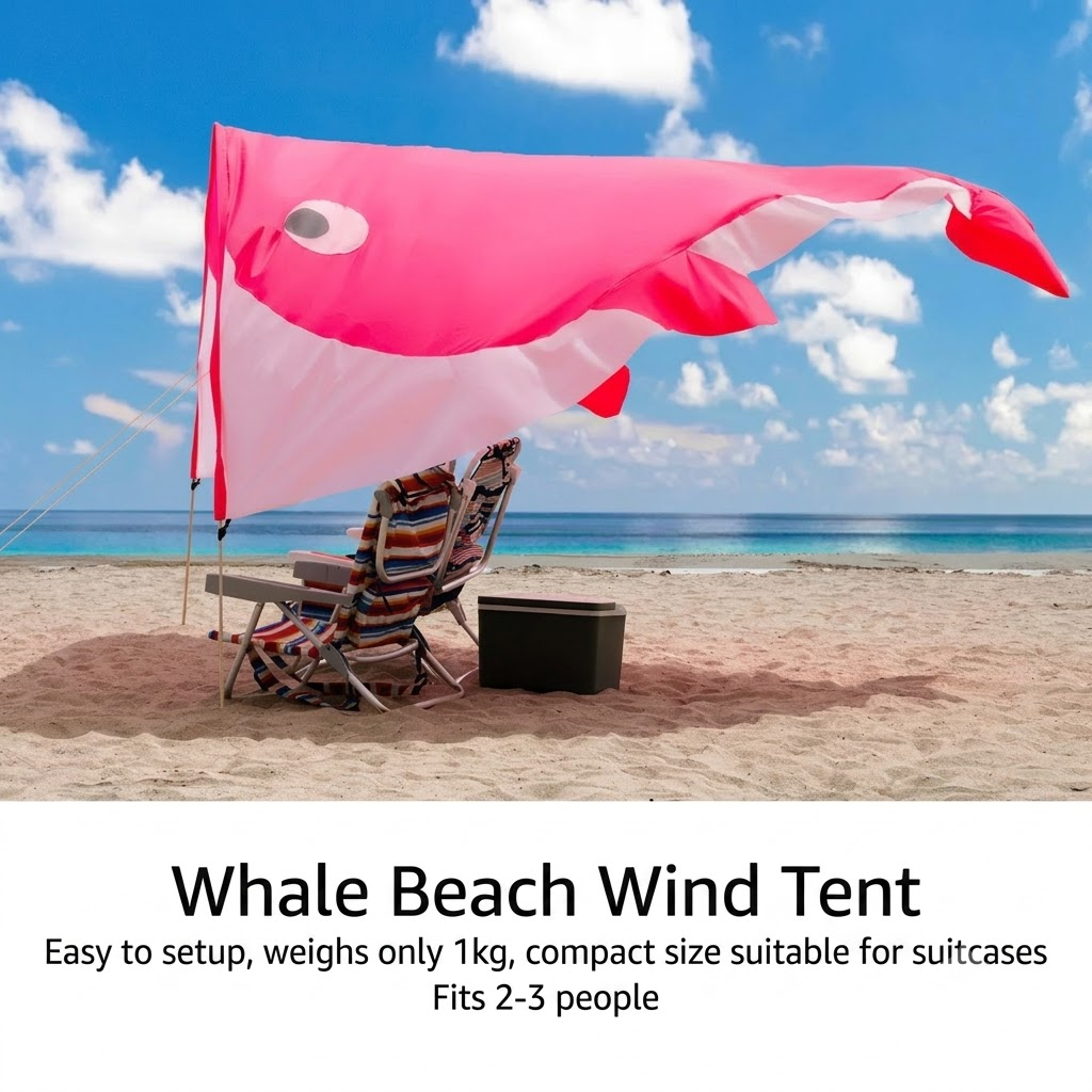 Whale-Shaped Beach Wind Shelter – Ultra-Light 1 kg Portable Sun Shade Tent, Spacious for 2-3 People, Quick Setup Open Design for Seaside Relaxation and Family Outings (Blue)