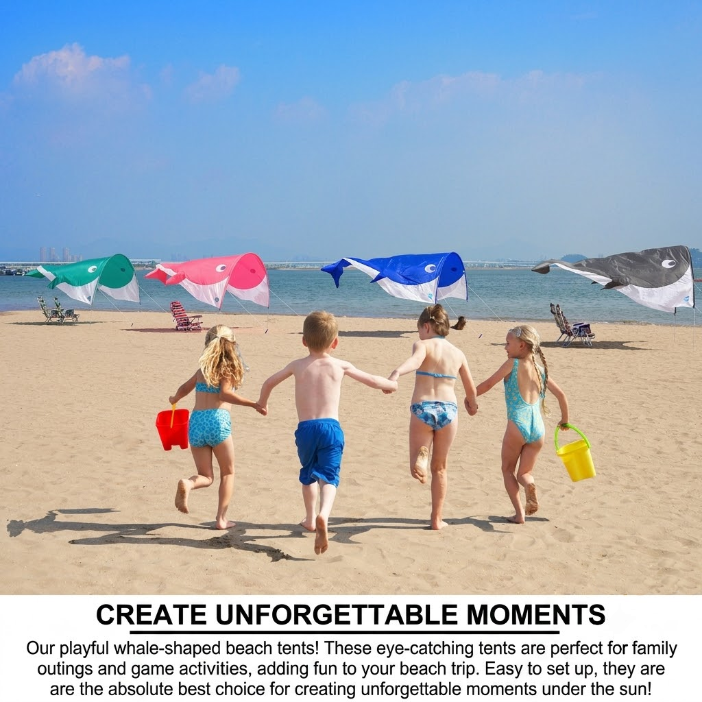 Whale-Shaped Beach Wind Shelter – Ultra-Light 1 kg Portable Sun Shade Tent, Spacious for 2-3 People, Quick Setup Open Design for Seaside Relaxation and Family Outings (Pink)