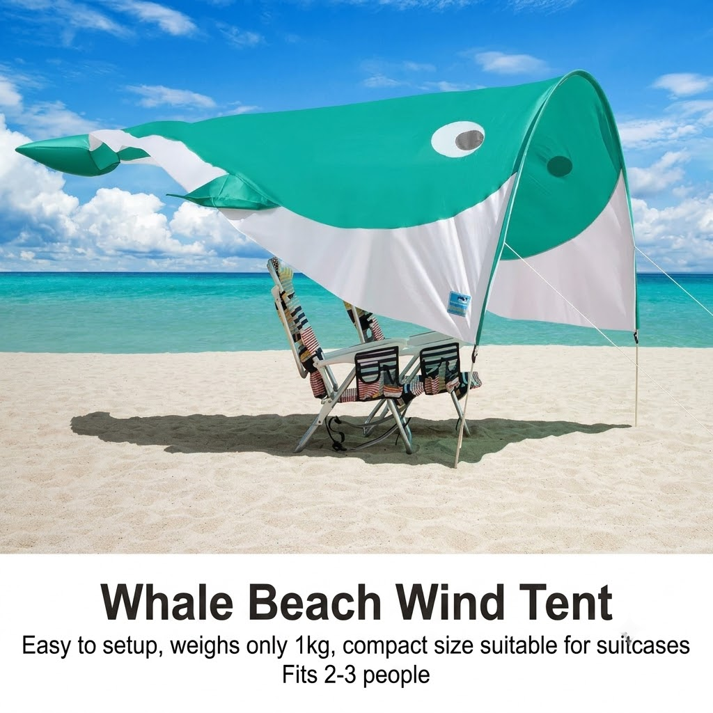 Whale-Shaped Beach Wind Shelter – Ultra-Light 1 kg Portable Sun Shade Tent, Spacious for 2-3 People, Quick Setup Open Design for Seaside Relaxation and Family Outings (Pink)