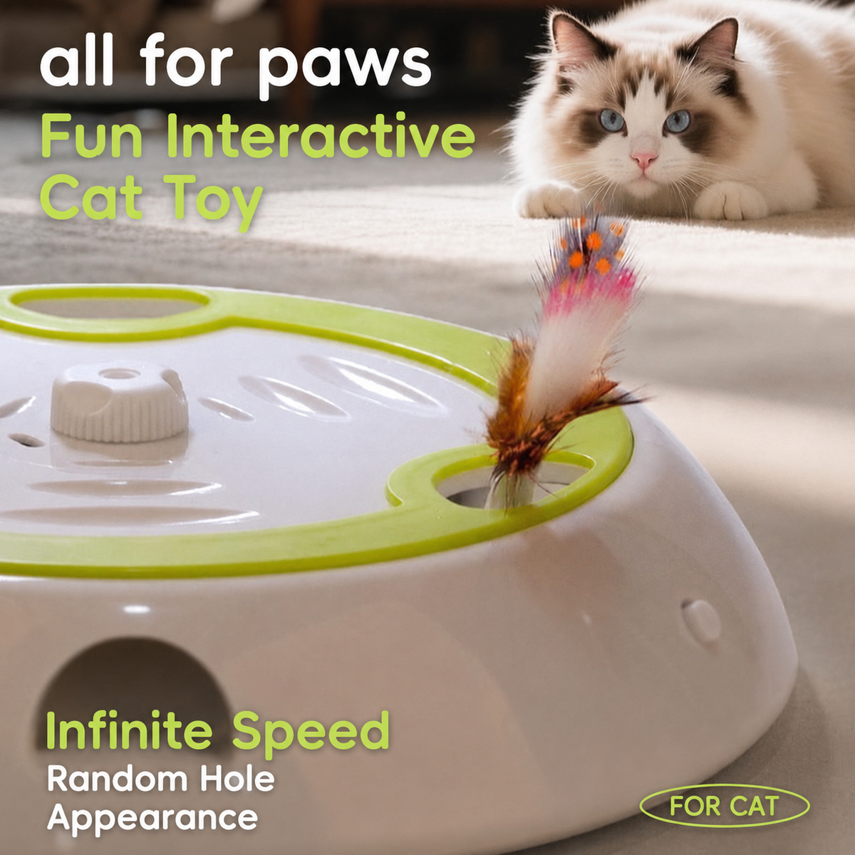 Interactive Electric Cat Toy with Feather Wand, 3 Replaceable Heads, Adjustable Speed, USB-C Rechargeable, Indoor Play for Boredom Relief and Hunting Instinct Stimulation (White)