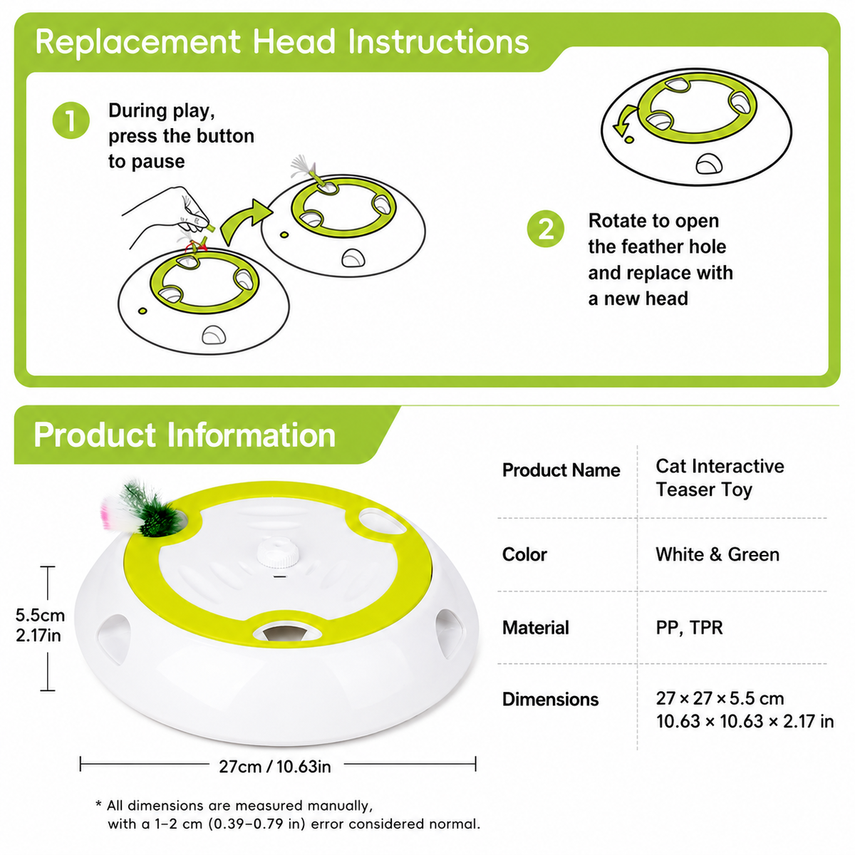 Interactive Electric Cat Toy with Feather Wand, 3 Replaceable Heads, Adjustable Speed, USB-C Rechargeable, Indoor Play for Boredom Relief and Hunting Instinct Stimulation (White)
