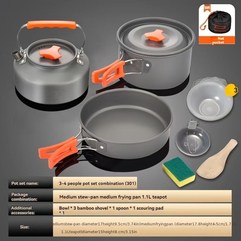 Gray Yellow camping cookware set, 3-4 person pot set, outdoor cooking kit, camp stove pots, camping kitchen set, australian camping gear, portable pots and pans, family camping cookware