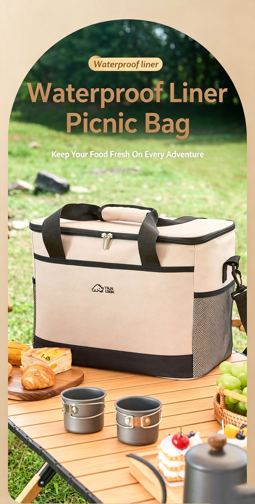 Beige three-layer insulated large capacity insulated refrigerated bag 30L