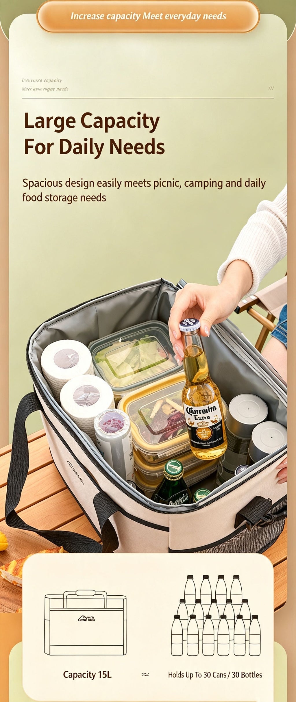 Beige three-layer insulated large capacity insulated refrigerated bag 30L