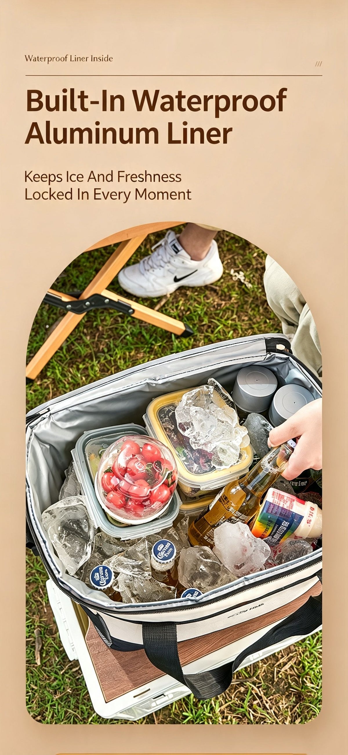 Beige three-layer insulated large capacity insulated refrigerated bag 30L