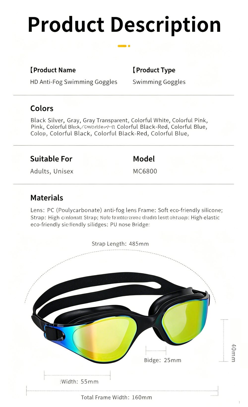 High definition silicone waterproof and anti fog adult swimming goggles,Light blue dazzling color