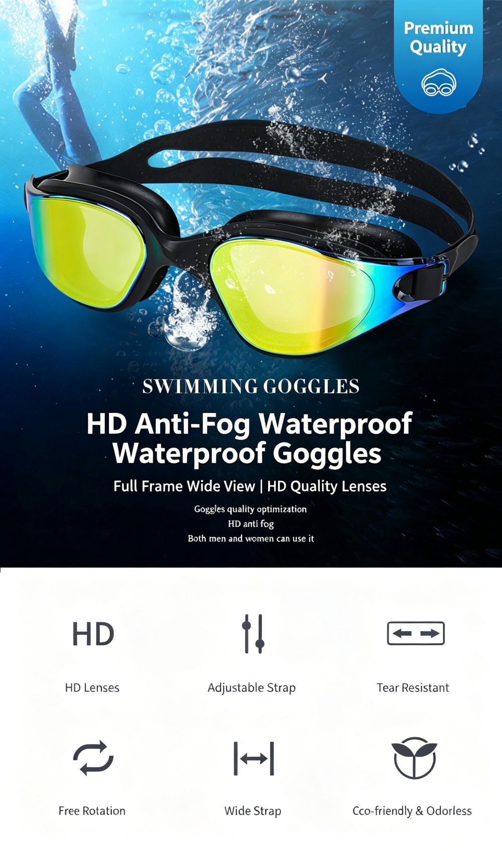 High definition silicone waterproof and anti fog adult swimming goggles,Orange-yellow