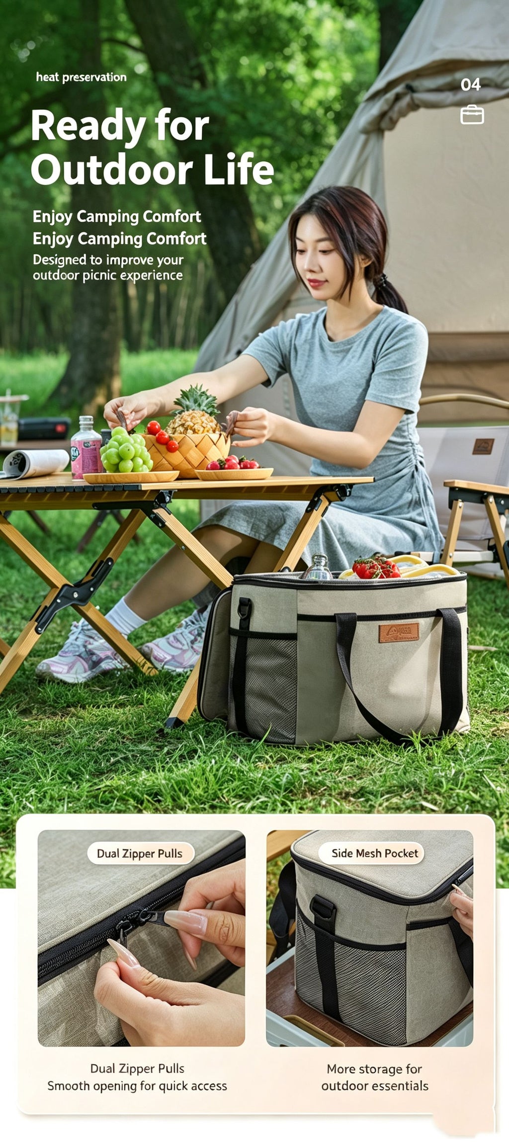 Thickened Oxford Canvas Waterproof Tote Bag for Outdoor Use - Beige Insulated Bag,Large