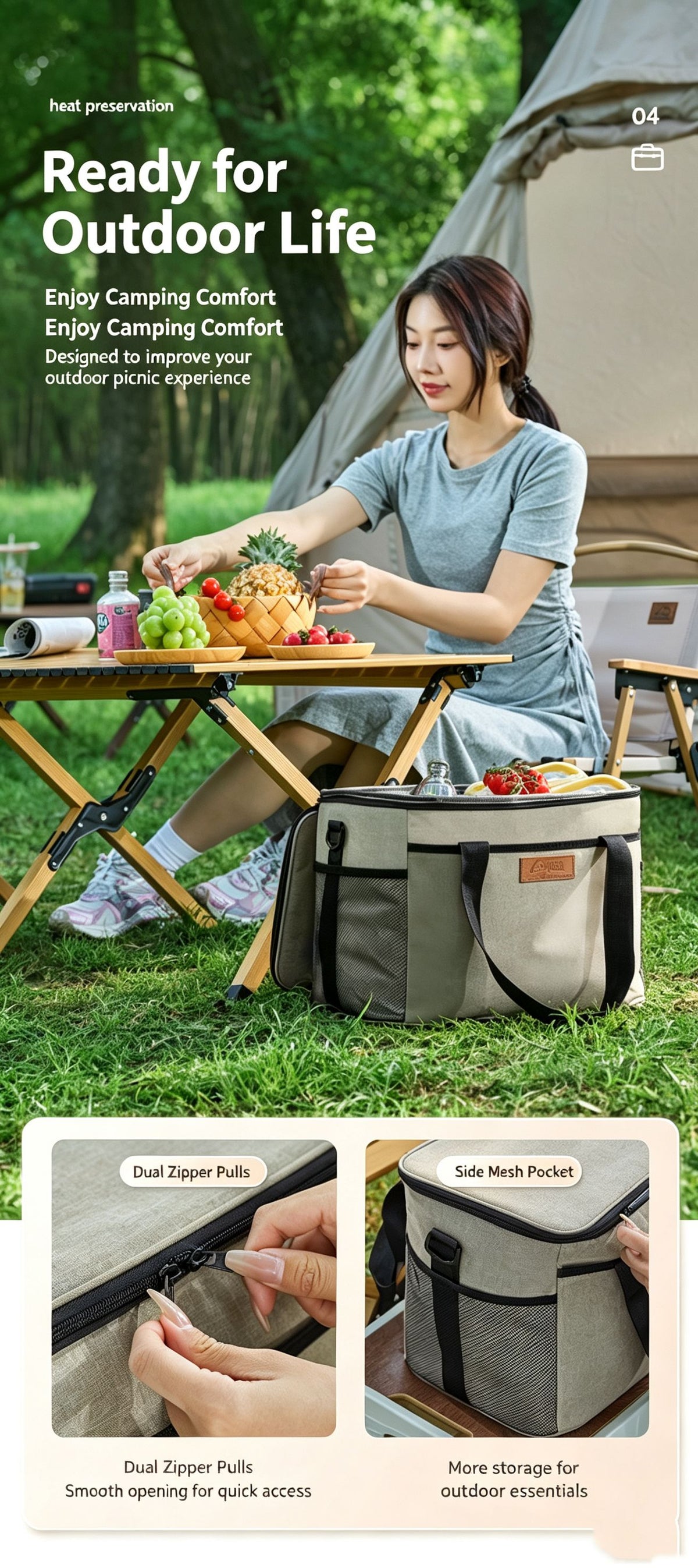 Thickened Oxford Canvas Waterproof Tote Bag for Outdoor Use - Beige Insulated Bag,Large