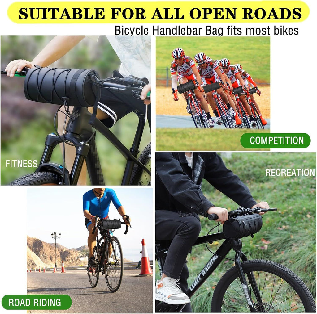 Bike Handlebar Bag Waterproof Bicycle Handlebar Roll Bag, Bike Front Pouch with Waterproof Zipper Shoulder Strap Removable Straps for Road Mountain Bike Cycling Travel (Black)