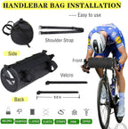 Bike Handlebar Bag Waterproof Bicycle Handlebar Roll Bag, Bike Front Pouch with Waterproof Zipper Shoulder Strap Removable Straps for Road Mountain Bike Cycling Travel (Black)