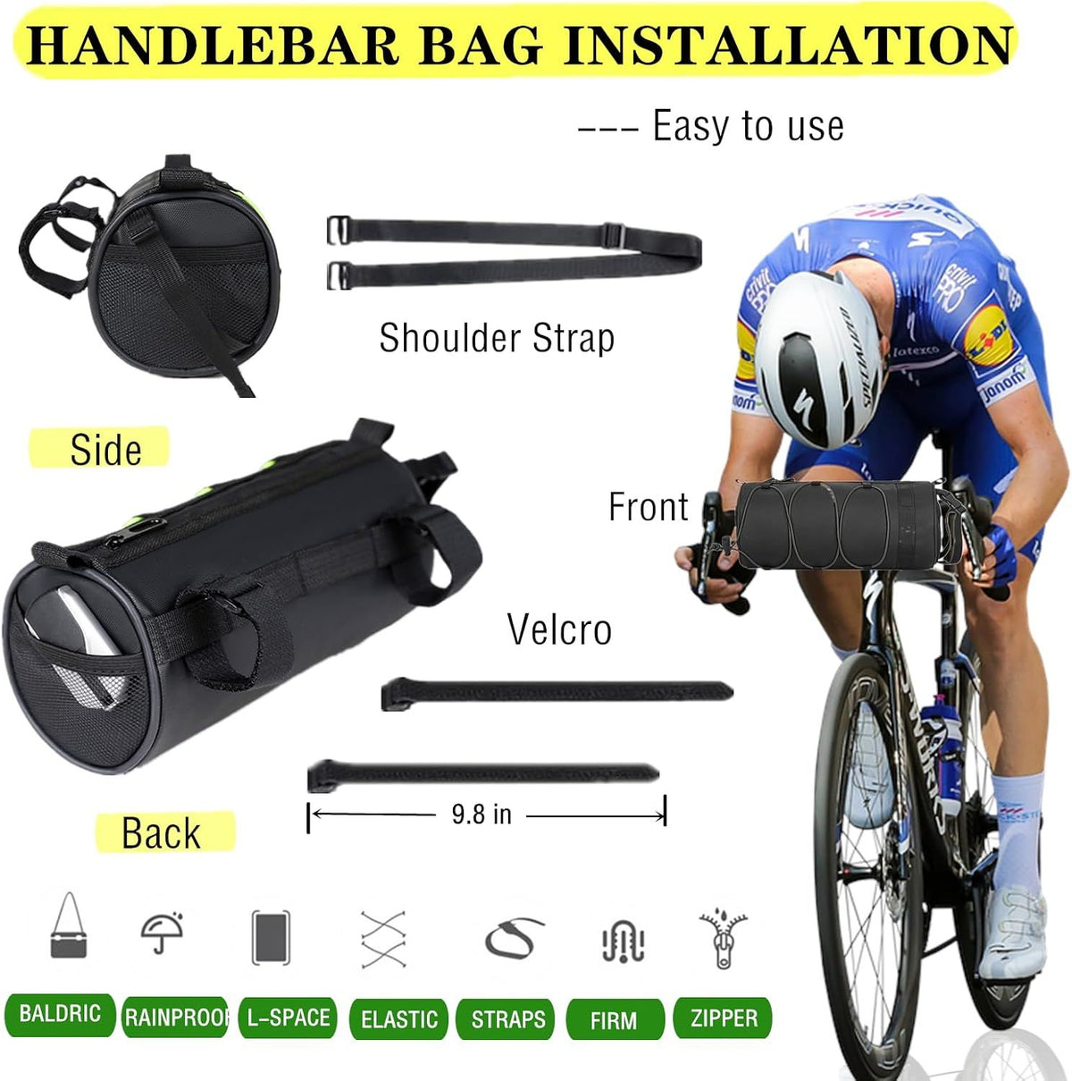 Bike Handlebar Bag Waterproof Bicycle Handlebar Roll Bag, Bike Front Pouch with Waterproof Zipper Shoulder Strap Removable Straps for Road Mountain Bike Cycling Travel (Black)